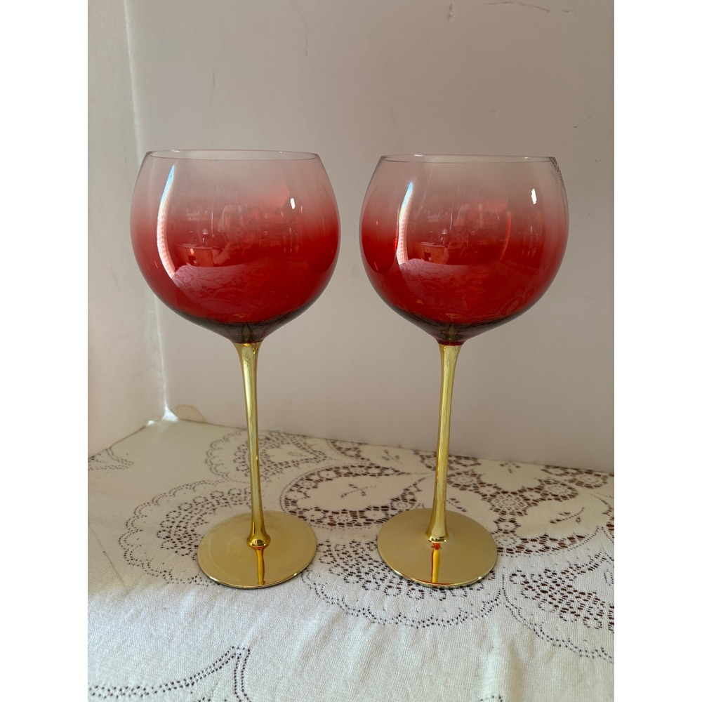 Set - 2 Red Ombre Wine Glasses with Gold Stems and Bases 10 Inch Balloon Glasses